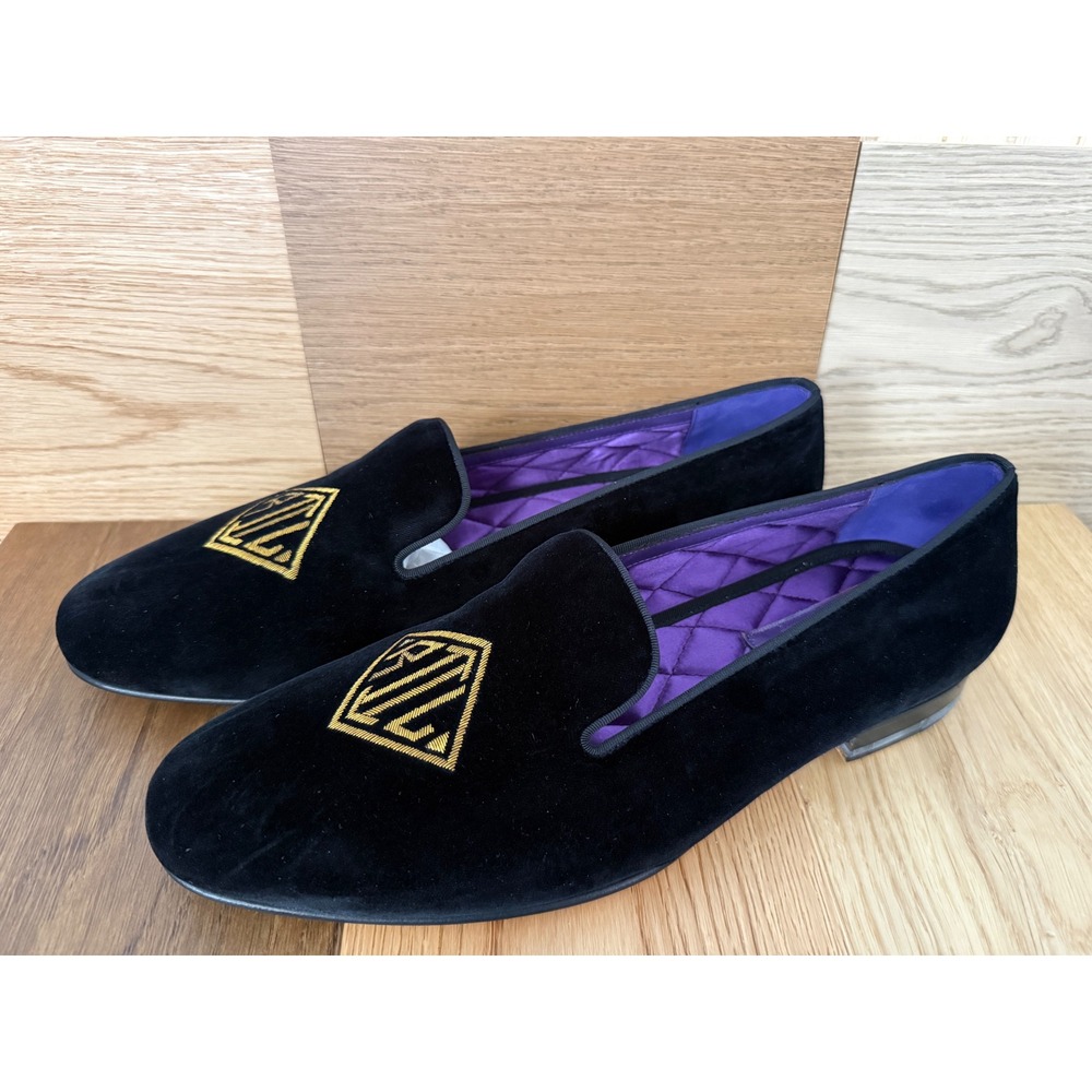 Ralph Lauren Purple Label Alonzo Black Velvet RL Deco Bullion Slippers 10.5 D